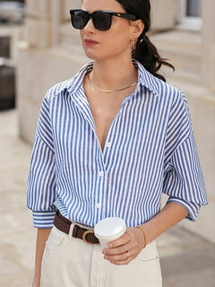 Clara - Blue Stripe Cotton Shirt — Blue-white