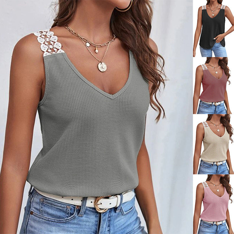 Samantha - Waffle Tank with Lace Back