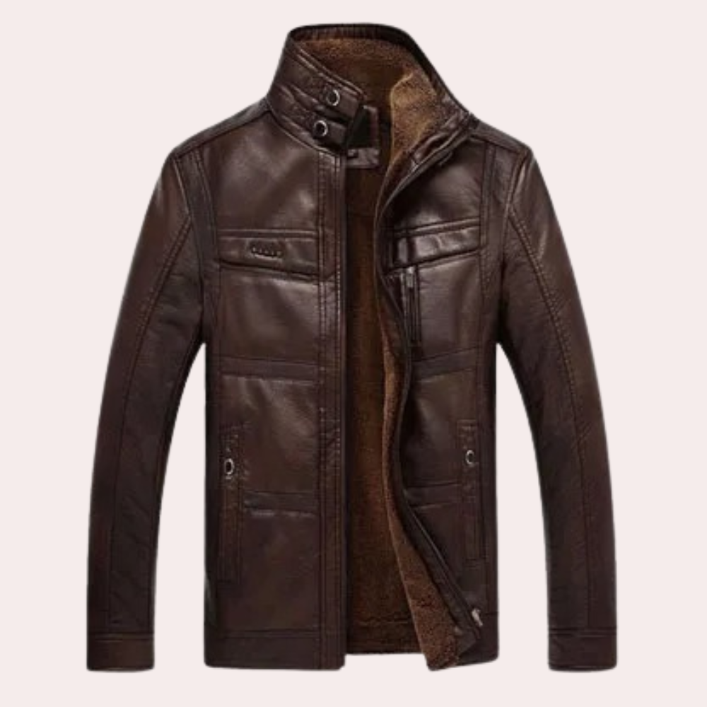 Wilfred - Leather Jacket with Stand Collar — Dark Coffee