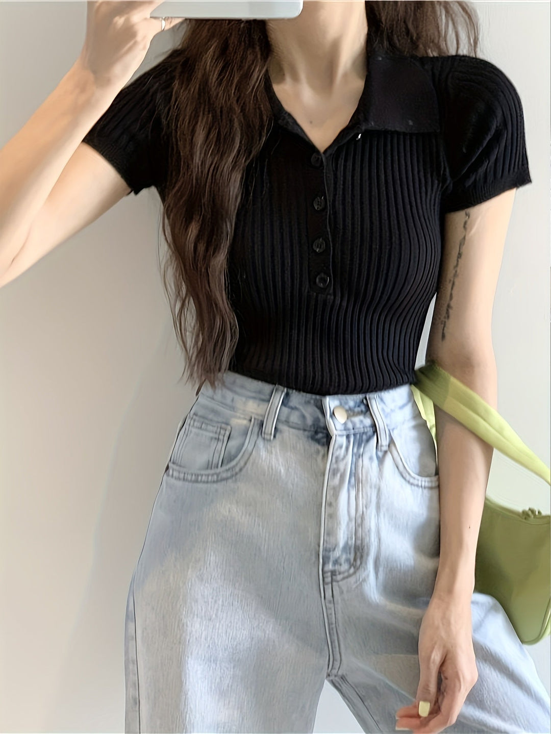 Chloe - Ribbed Knit Collar Top — Black