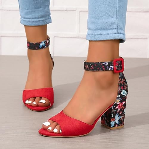 Celia - Block Heel with Print Detail — Red