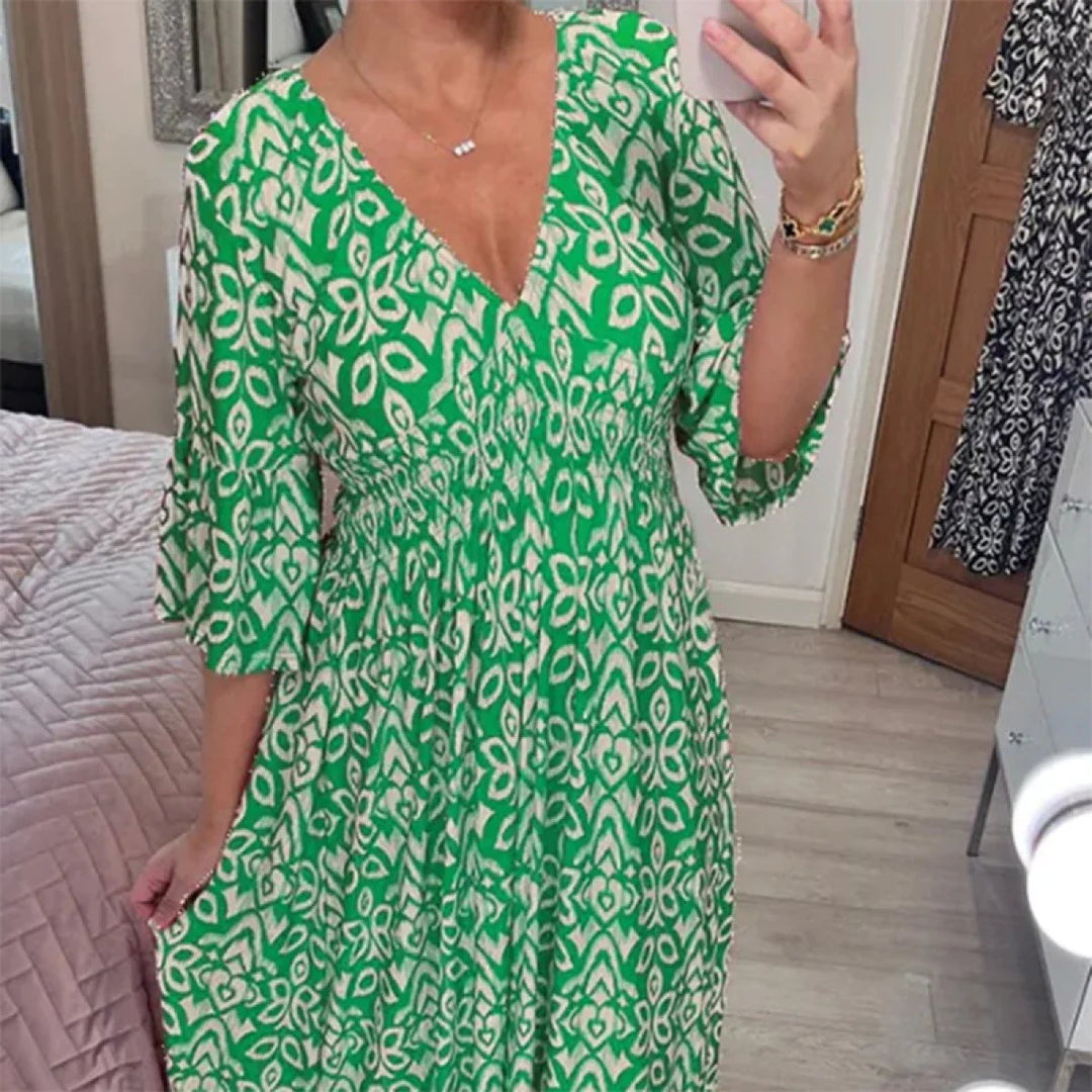 Charmaine - Print V Neck Tunic Dress — Green