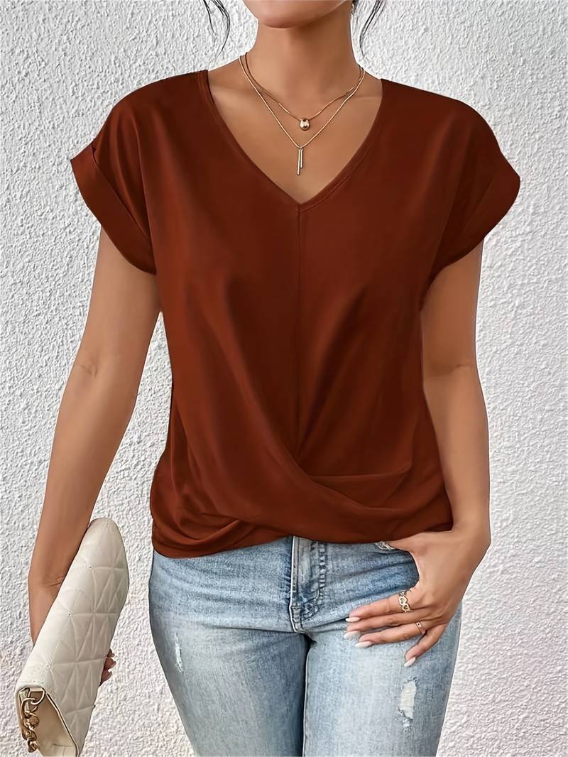 Charmaine - Twist Hem V Neck Tee — Terracotta Red