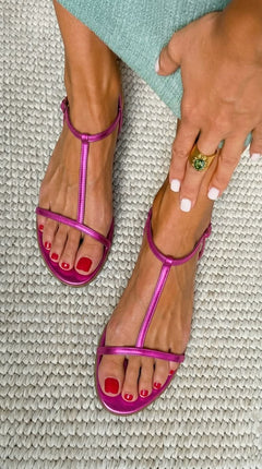 Noelle - T Bar Flat Sandals — Fuchsia