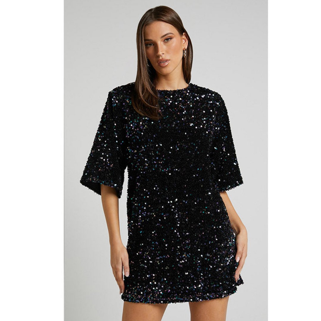 Isabella - Sequin Shift Dress — Black
