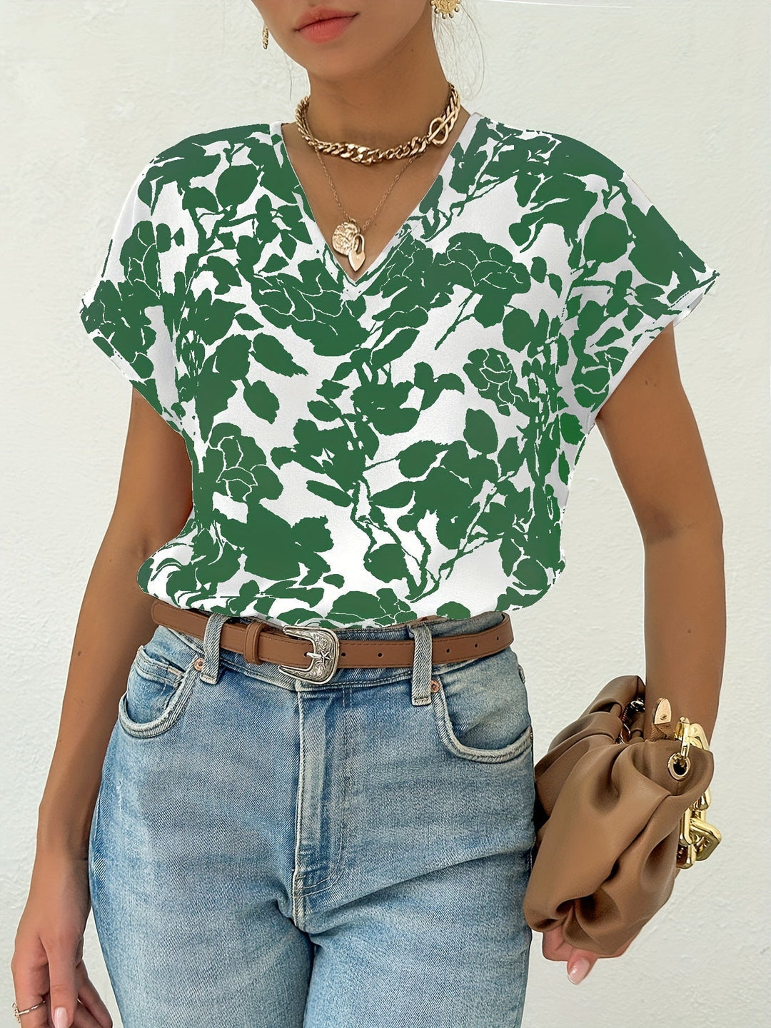 Lavender - Floral V Neck Blouse — Green