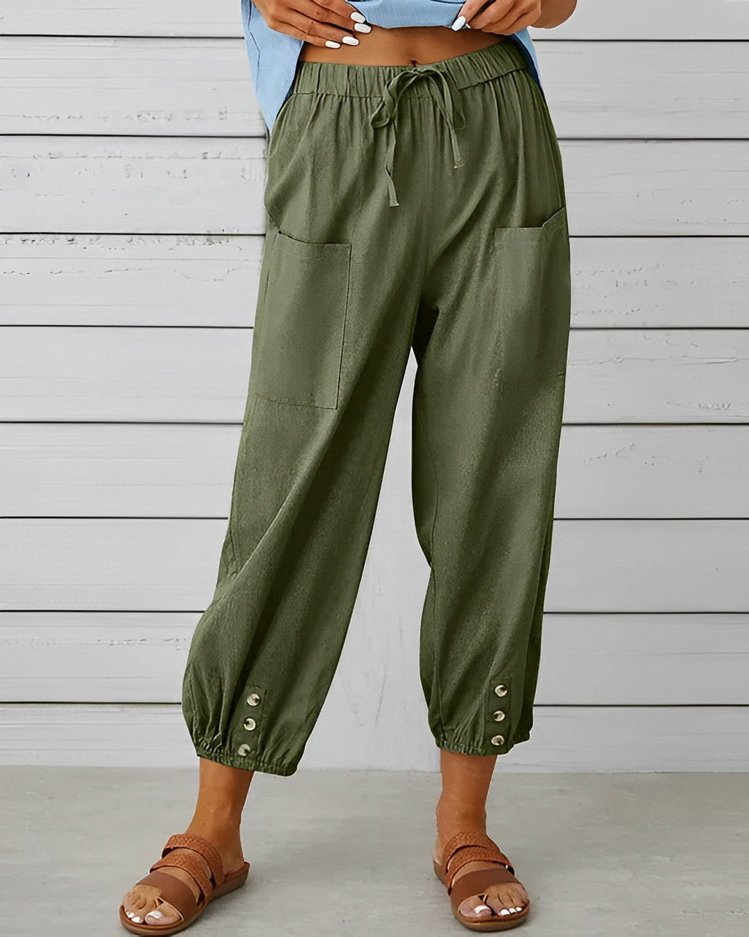 Virginia - Linen Trousers with Button Cuff — Army green