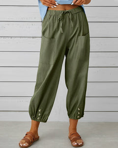 Virginia - Linen Trousers with Button Cuff — Army green