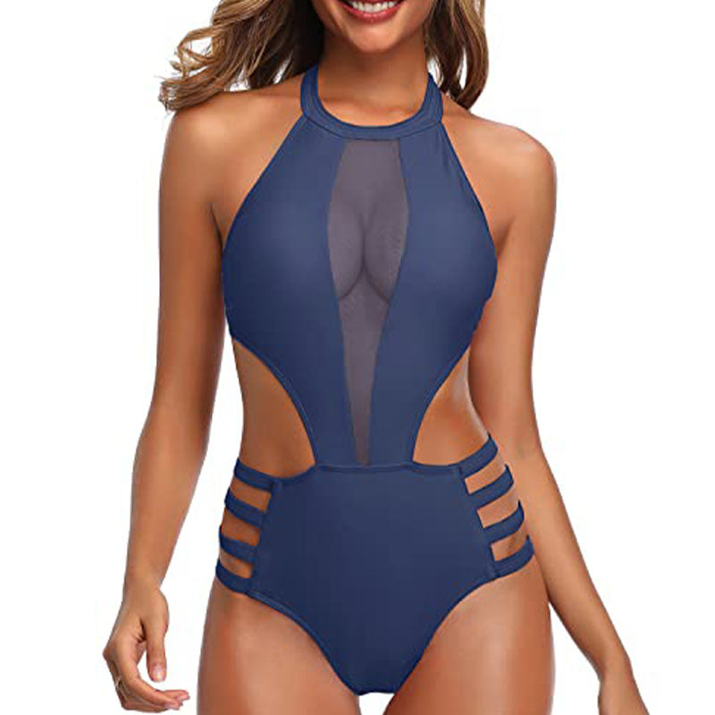Paulette - Leopard Mesh Panel Swimsuit — Navy Blue