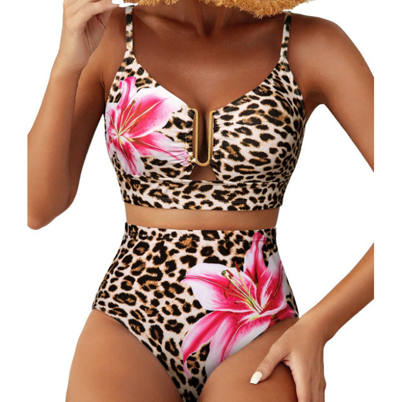 Gwendolyn - Floral Bikini with Gold Trim — Leopard Print and Pink Lilies