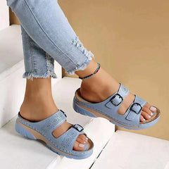 Pearl - Double Buckle Platform Slides — Light blue