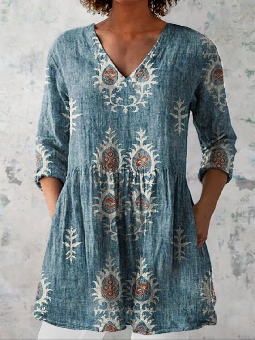 Francesca - Embroidered Blossom Tunic — Blue