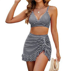 Stephanie - Leopard Bikini with Swim Skirt — Black and White Check