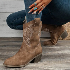 Natalie - Western Boots with Stitching — Brown