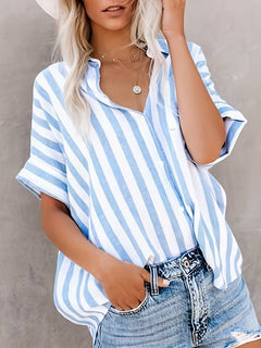 Nina - Striped Short Sleeve Shirt — Blue