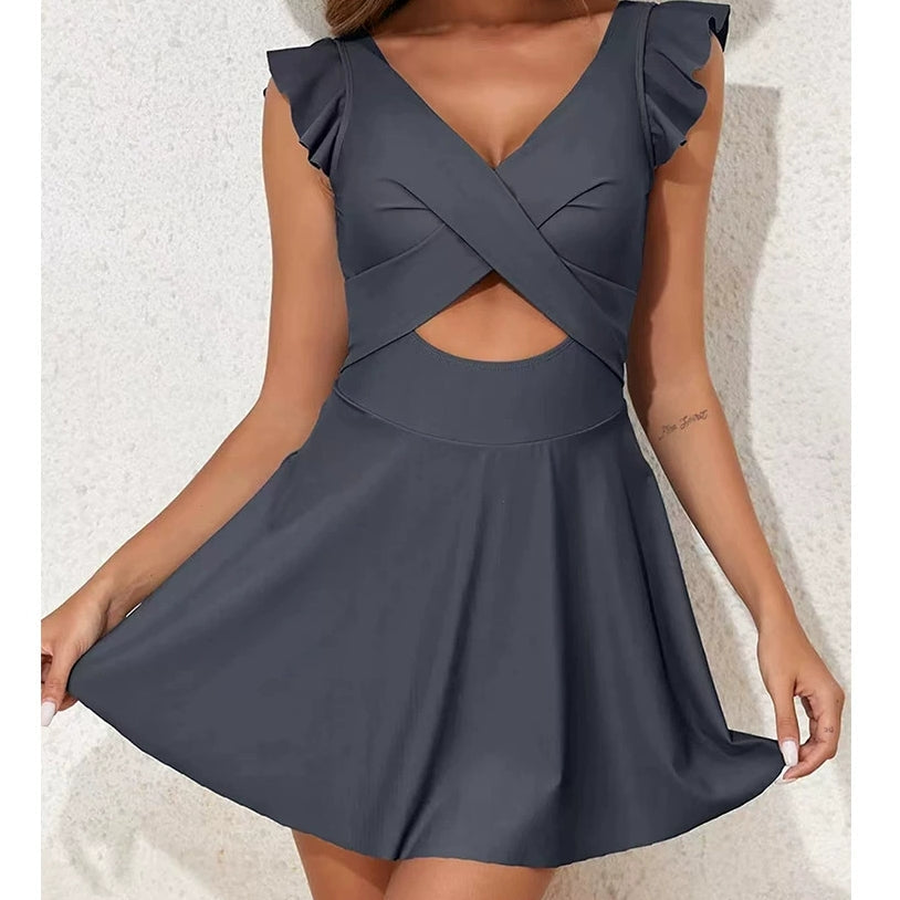Ophelia - Ruffle Cross Swim Dress — Grey