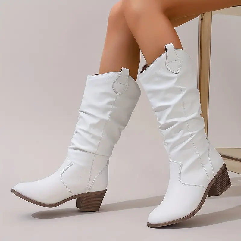 Myrtle - Slouch Heeled Boots — White