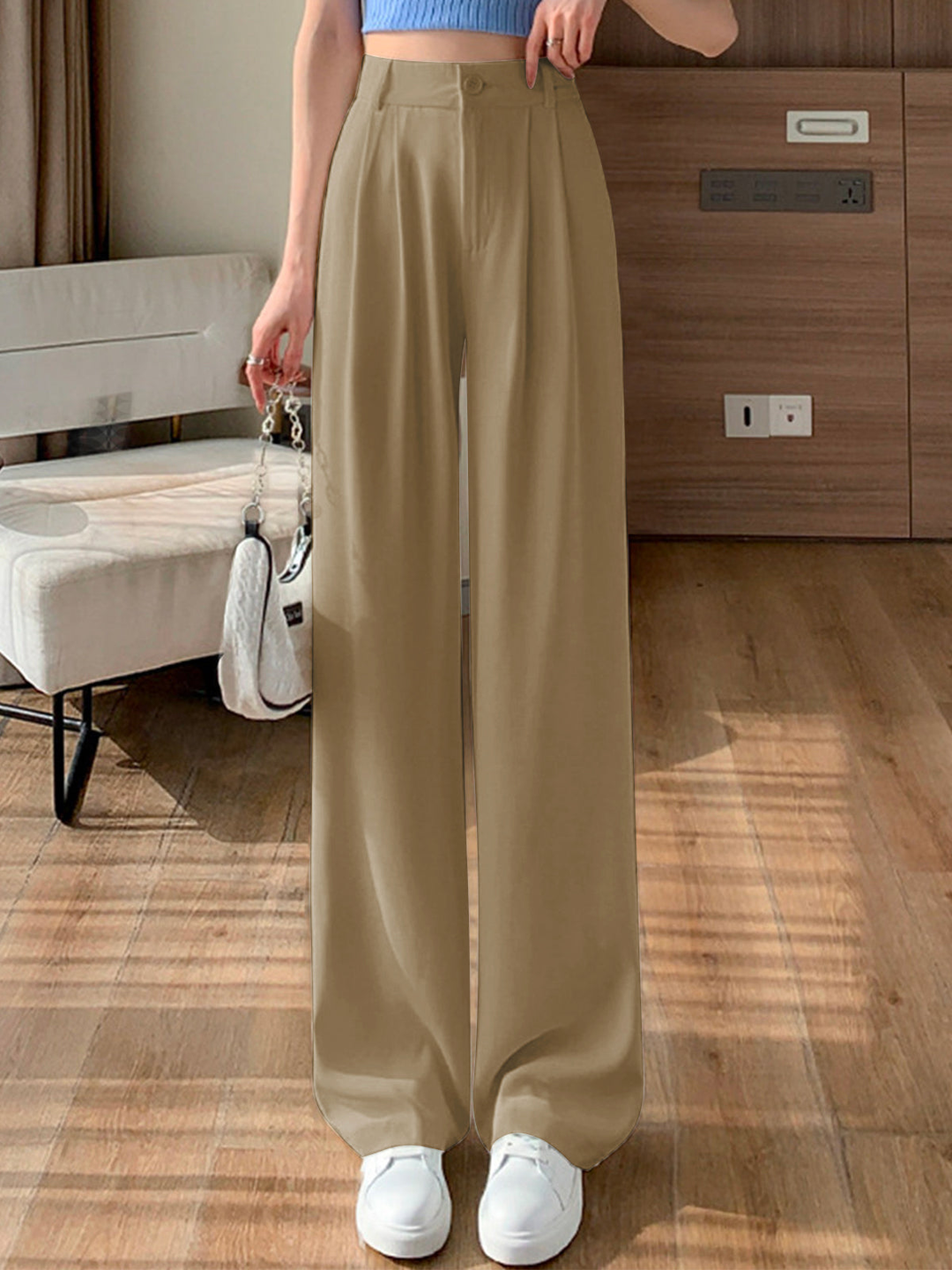 Genevieve - Straight Wide Leg Trousers — Khaki