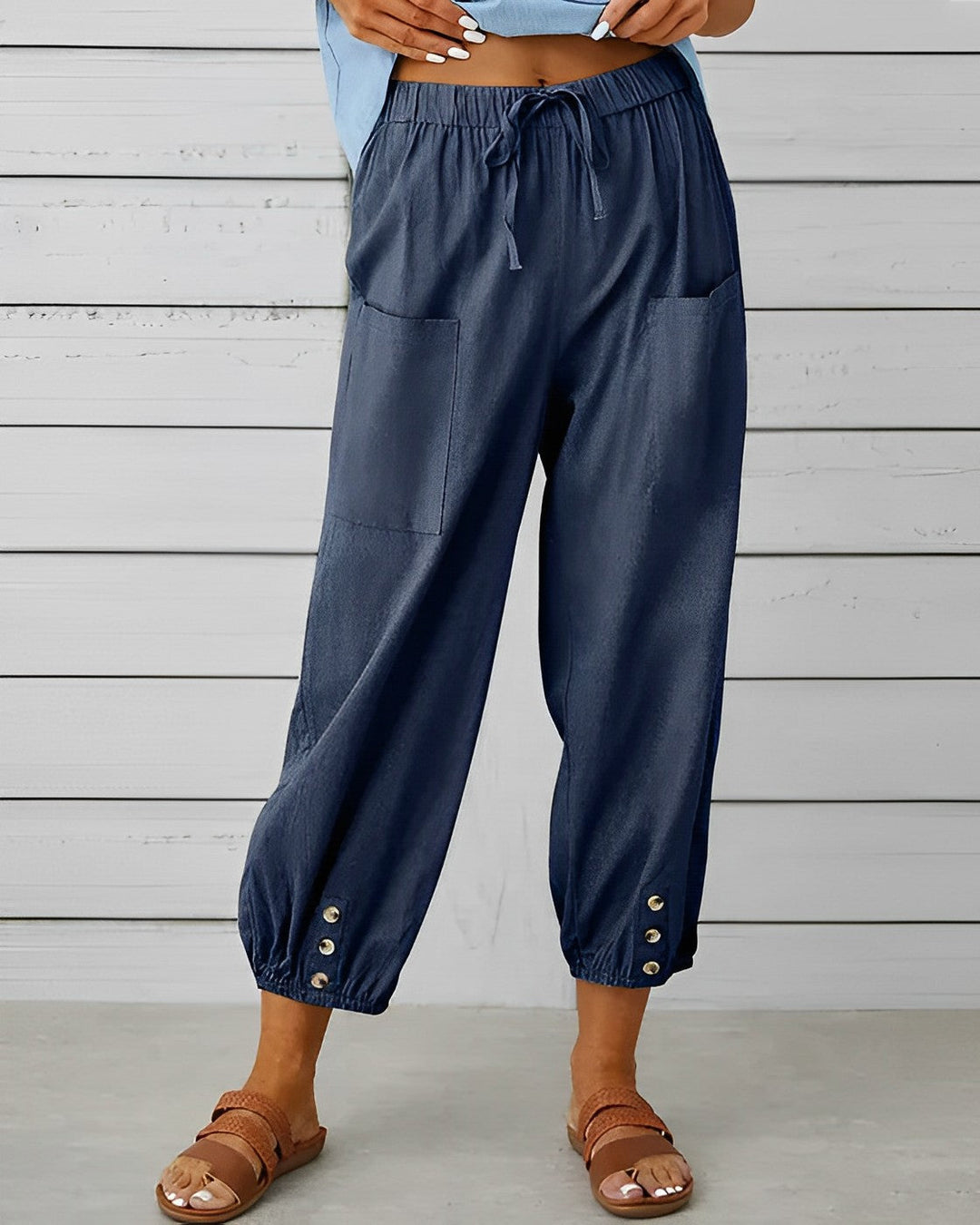 Virginia - Linen Trousers with Button Cuff — Navy blue