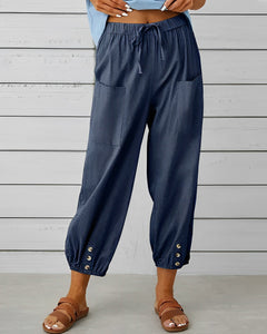 Virginia - Linen Trousers with Button Cuff — Navy blue