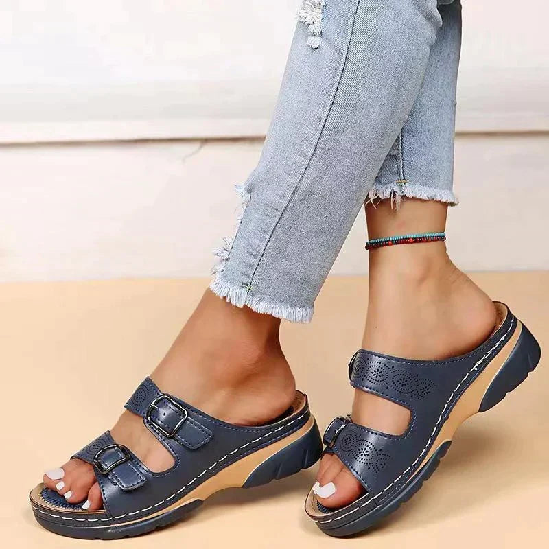 Pearl - Double Buckle Platform Slides — Blue