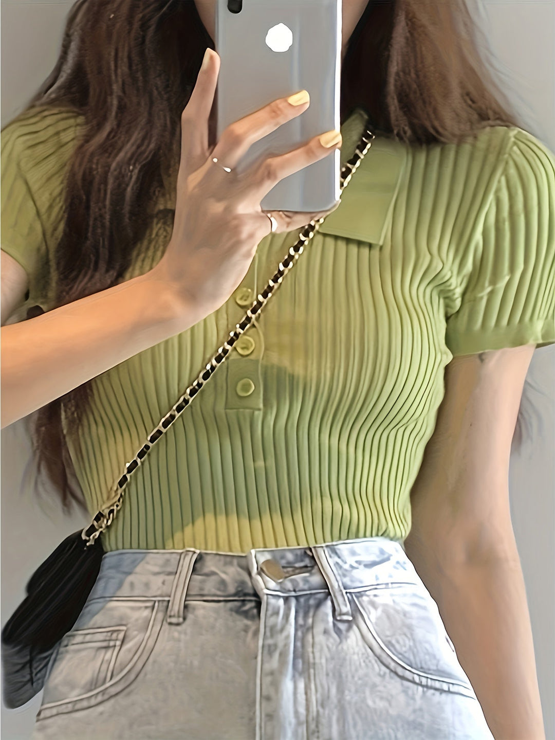 Chloe - Ribbed Knit Collar Top — Matcha