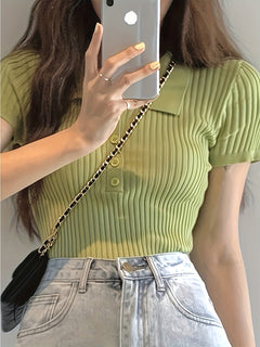 Chloe - Ribbed Knit Collar Top — Matcha