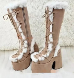 Phoebe - Lace up Faux Fur Boots — Brown