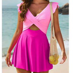 Ophelia - Ruffle Cross Swim Dress — Light Pink+hot Pink