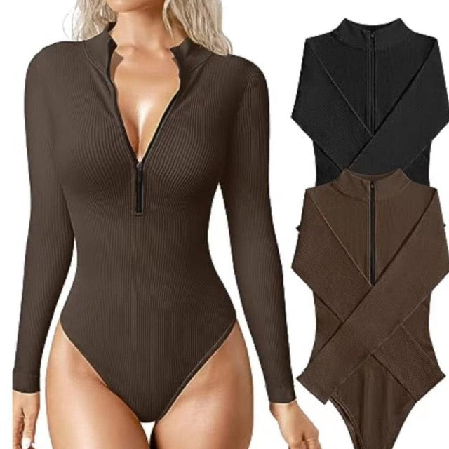 Aria - Ribbed Zip Bodysuit — Brown &amp; black