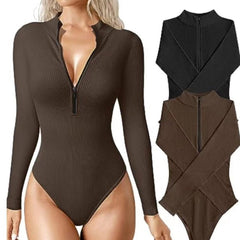 Aria - Ribbed Zip Bodysuit — Brown &amp; black