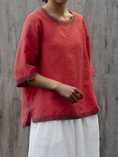 Virginia - Linen Top with Embroidered Trim — Red