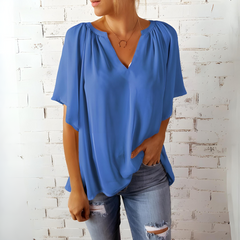 Heidi - Flowy V Neck Blouse — Blue