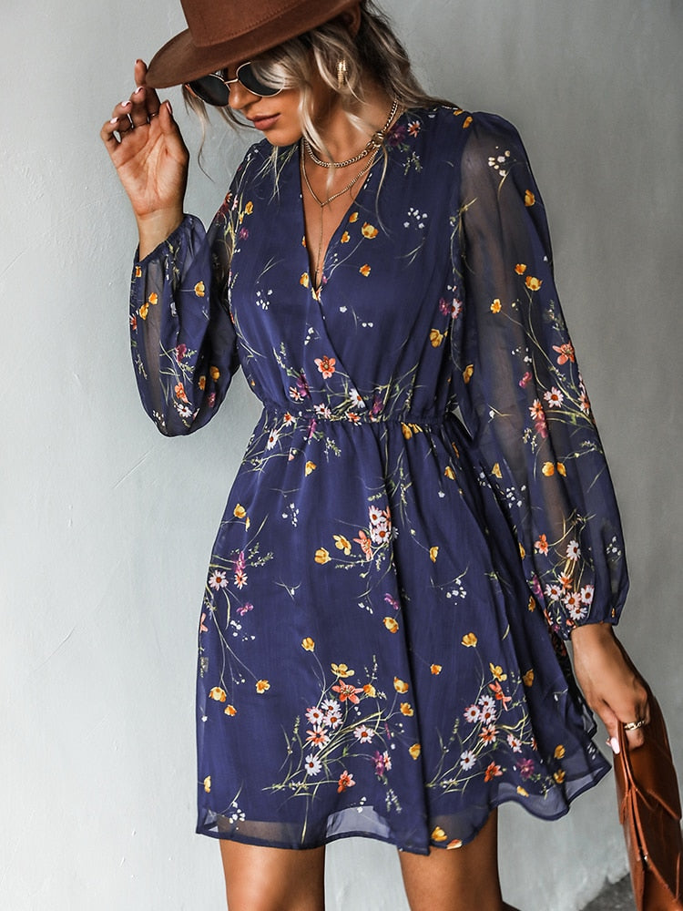 Charlotte - Floral Chiffon Mini Dress — Blue