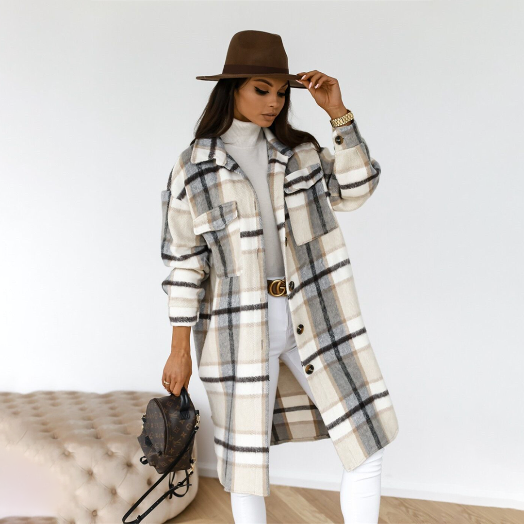 Elodie - Plaid Longline Coat — Grey White