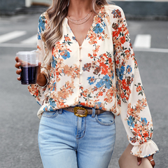 Mabel - Floral Blouse with Ruffle Cuffs — Beige