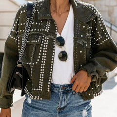 Dominique - Studded Jacket with Fur Collar — Army green