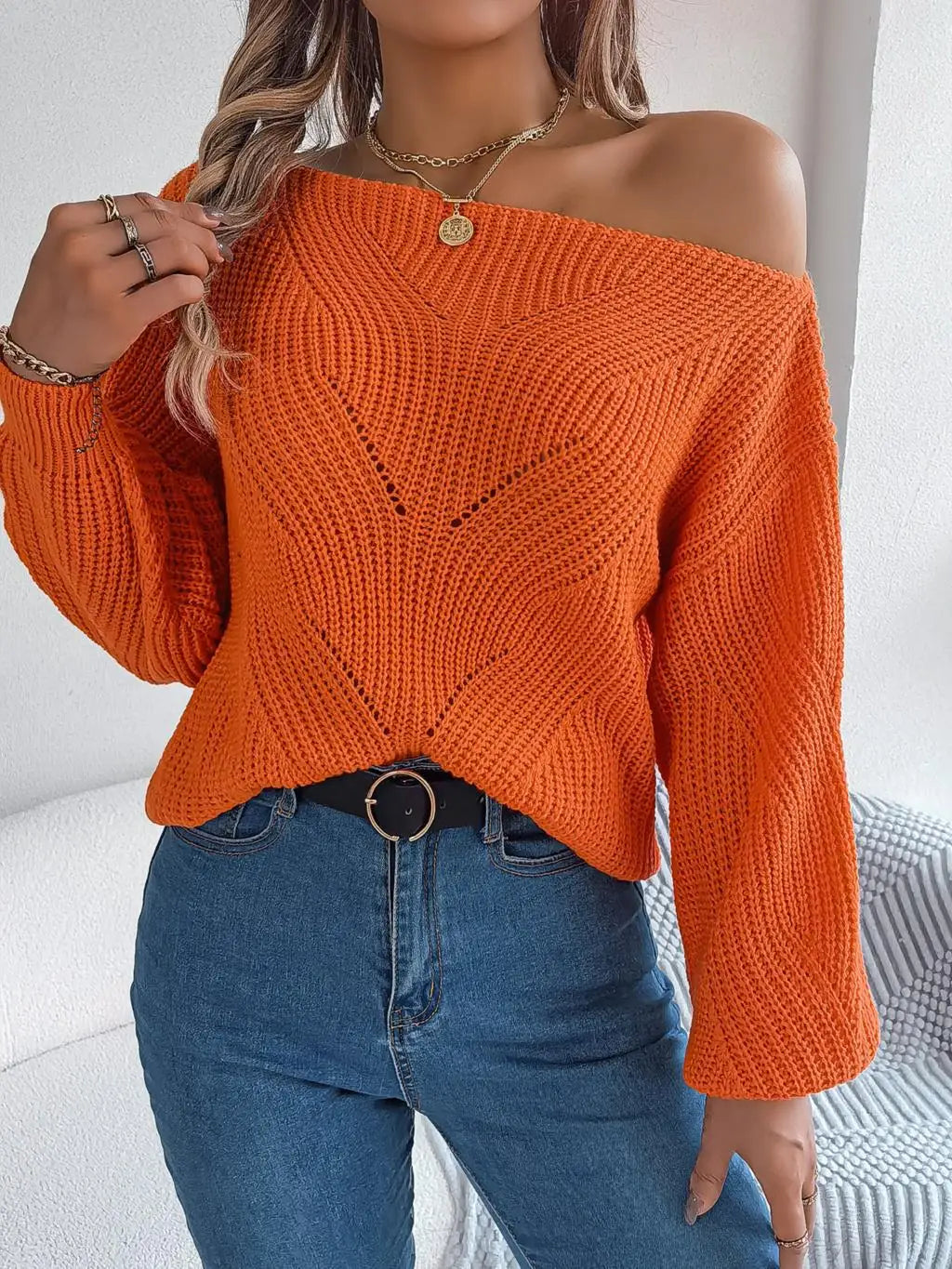 Paulette - Off Shoulder Knit Jumper — Orange