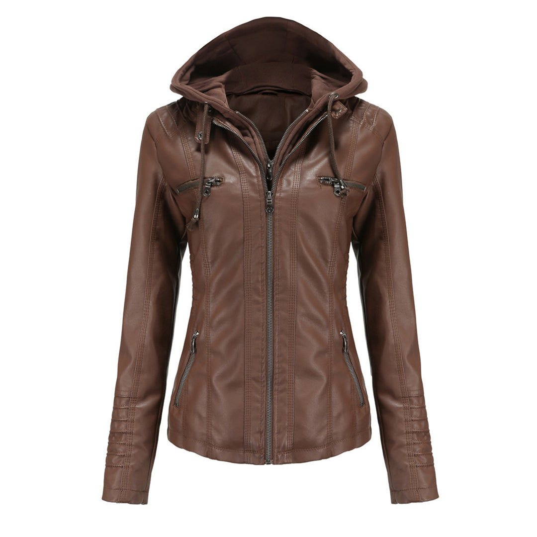 Charlotte - Faux Leather Jacket with Hood — Coffee
