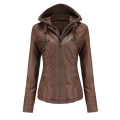 Charlotte - Faux Leather Jacket with Hood — Coffee