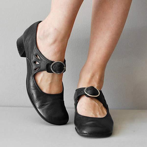 Clementine - Mary Jane Flats with Buckle — Black