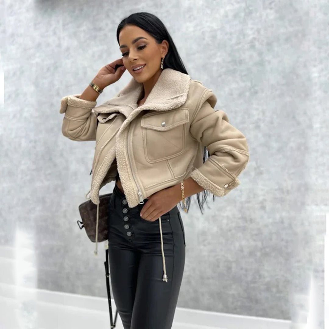 Caitlin - Shearling Biker Jacket — Beige