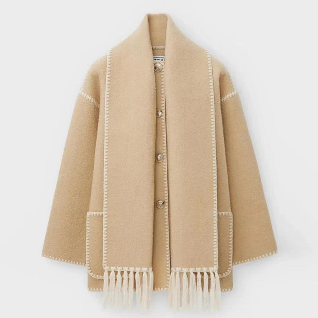Shirley - Tweed Coat with Pearl Trim — Beige