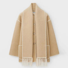 Shirley - Tweed Coat with Pearl Trim — Beige