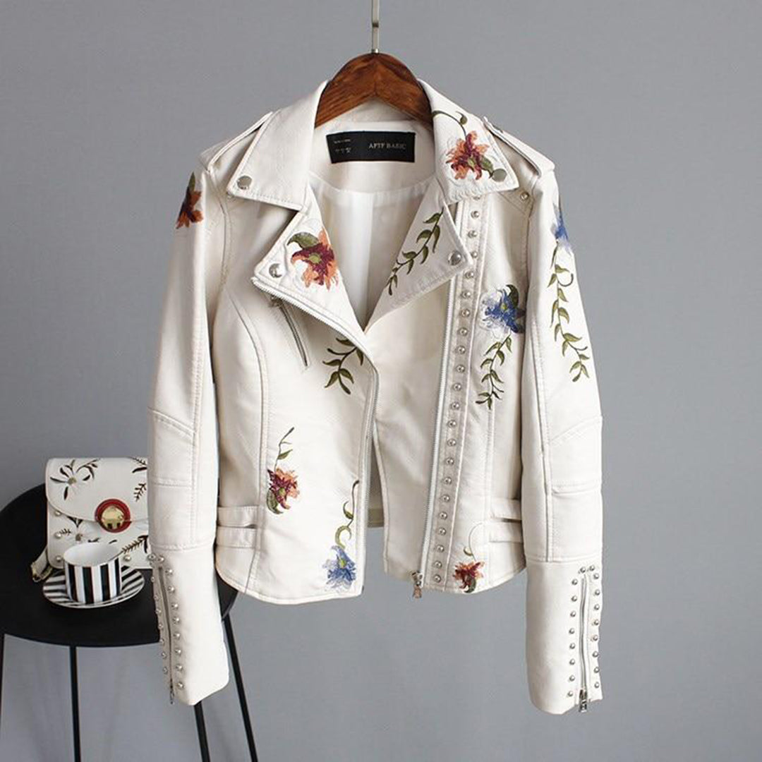 Coretta - Embroidered Biker Jacket — Beige