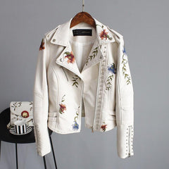 Coretta - Embroidered Biker Jacket — Beige