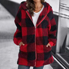 Beatrix - Check Hooded Fleece Coat — Red