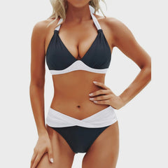 Maureen - Halter Tie Front Bikini — Black and White