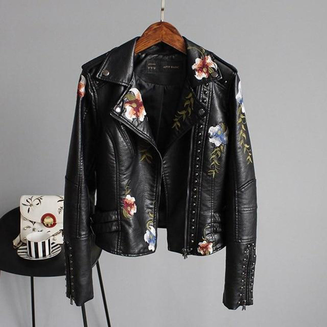 Coretta - Embroidered Biker Jacket — Black