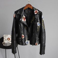 Coretta - Embroidered Biker Jacket — Black